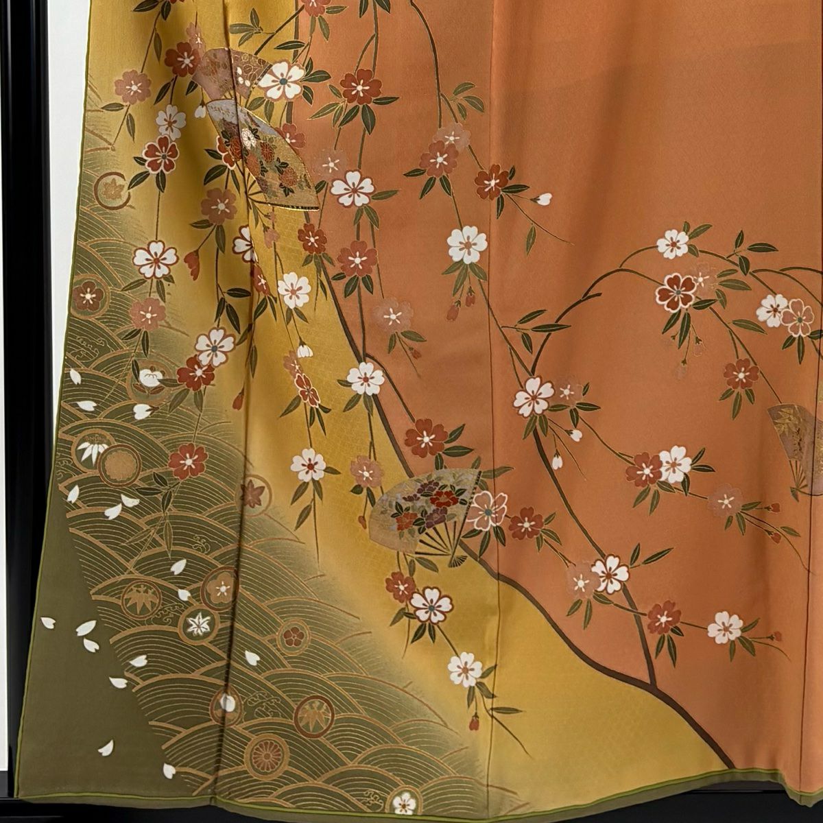 【清倉特賣】訪問服 身長157.5cm 袖長68cm L 雙層 吸棉仕立 亞麻 扇子子 垂枝櫻 金線 金銀彩 橙色 純蠶絲 優品級