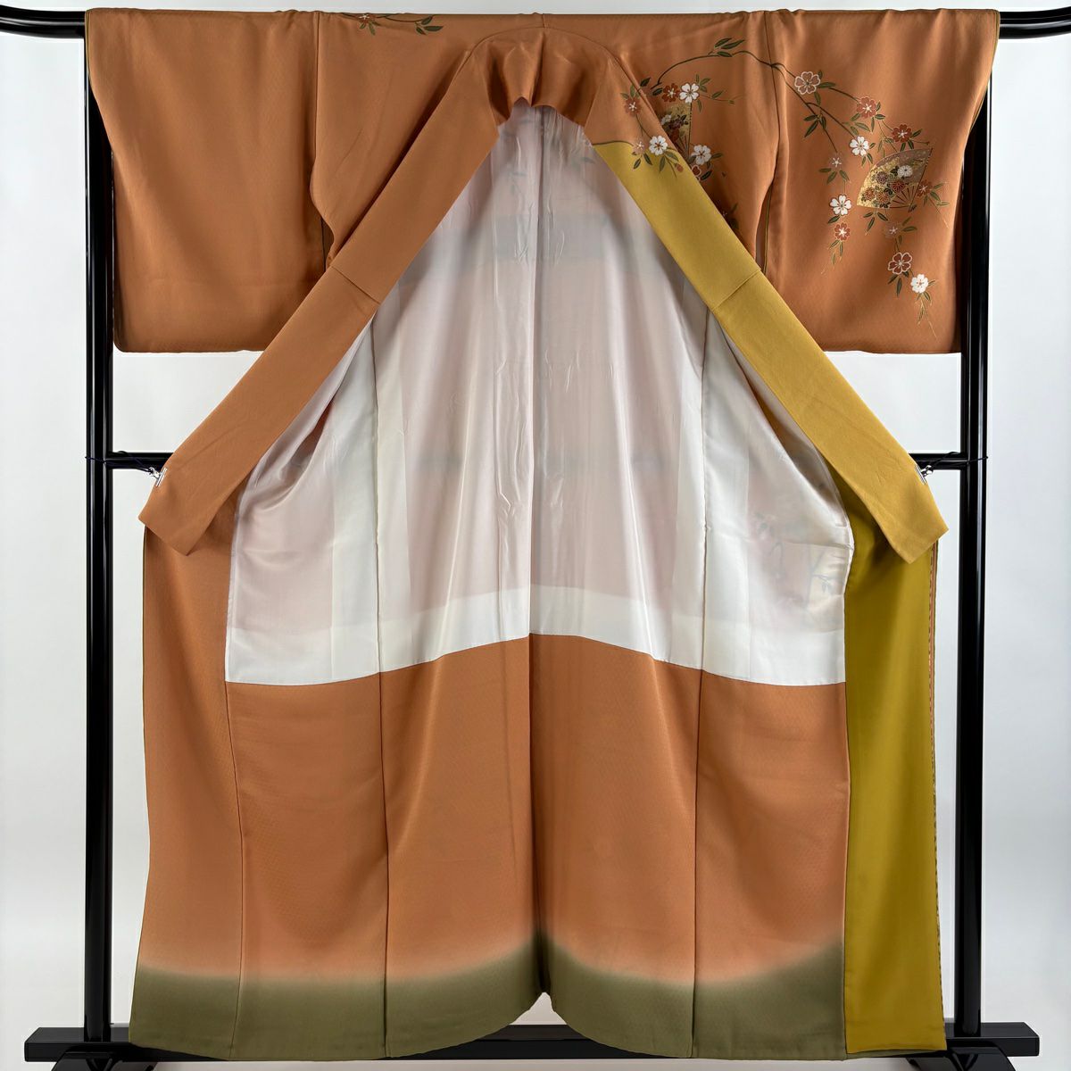 【清倉特賣】訪問服 身長157.5cm 袖長68cm L 雙層 吸棉仕立 亞麻 扇子子 垂枝櫻 金線 金銀彩 橙色 純蠶絲 優品級