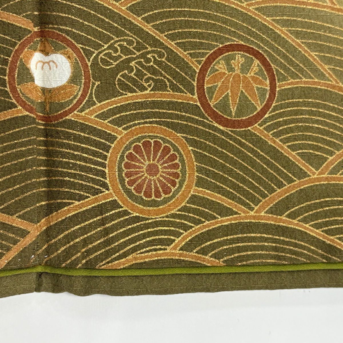【清倉特賣】訪問服 身長157.5cm 袖長68cm L 雙層 吸棉仕立 亞麻 扇子子 垂枝櫻 金線 金銀彩 橙色 純蠶絲 優品級