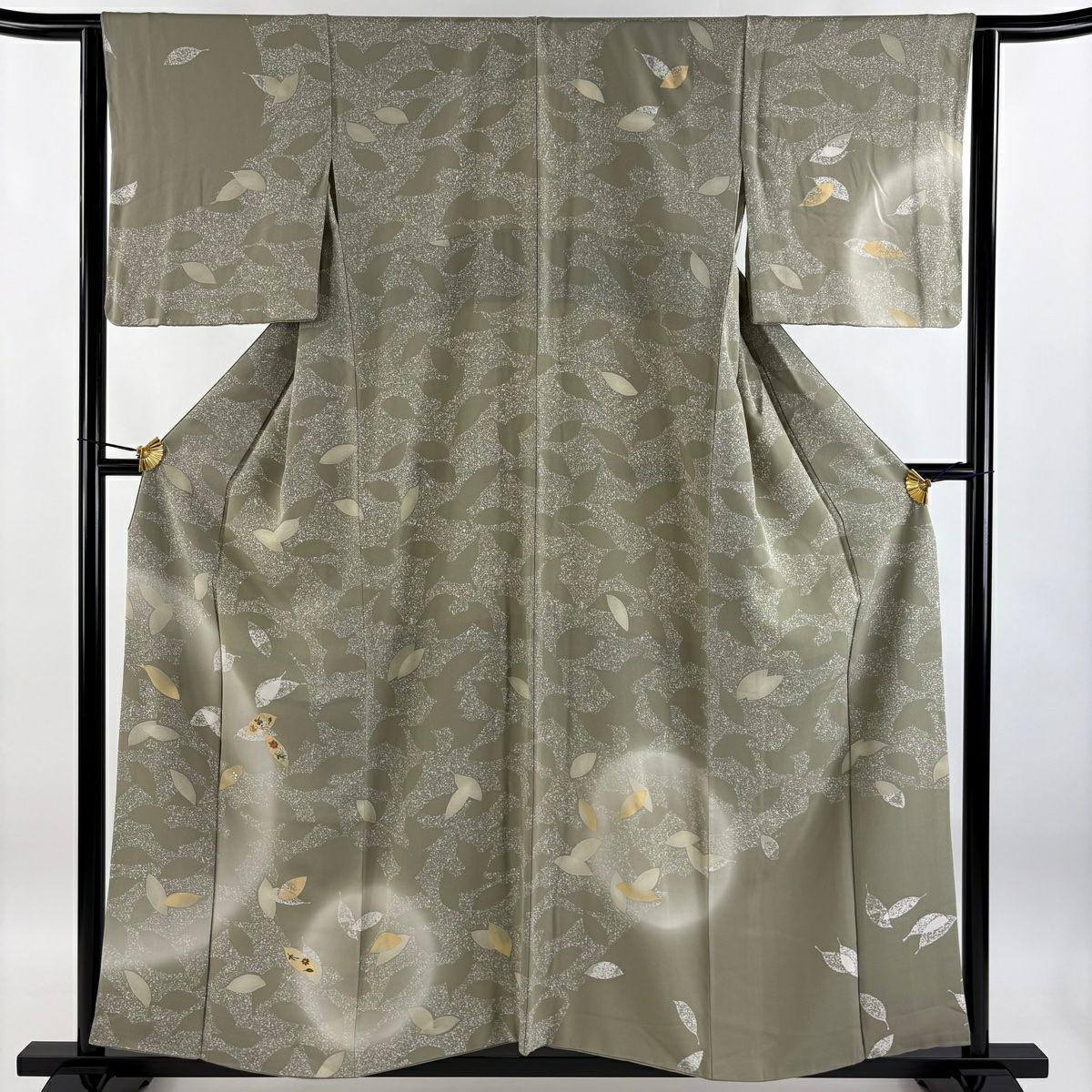 【庫存清倉】 付下 身長156cm 袖長63.5cm S 雙層 葉紋 吹寄 金絲 刺繡 灰綠 純蠶絲 美品 秀品級