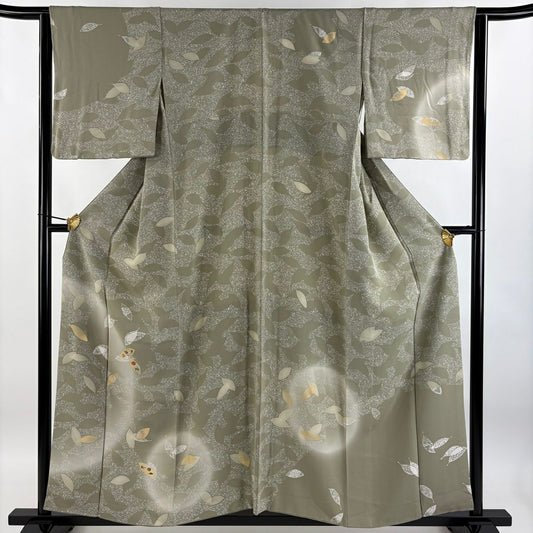 【庫存清倉】 付下 身長156cm 袖長63.5cm S 雙層 葉紋 吹寄 金絲 刺繡 灰綠 純蠶絲 美品 秀品級