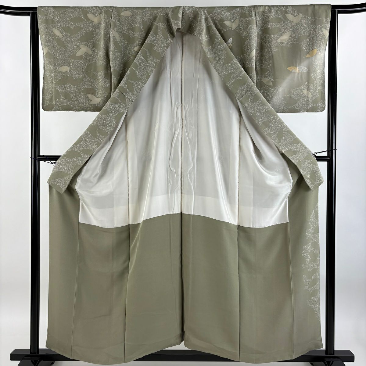 【庫存清倉】 付下 身長156cm 袖長63.5cm S 雙層 葉紋 吹寄 金絲 刺繡 灰綠 純蠶絲 美品 秀品級