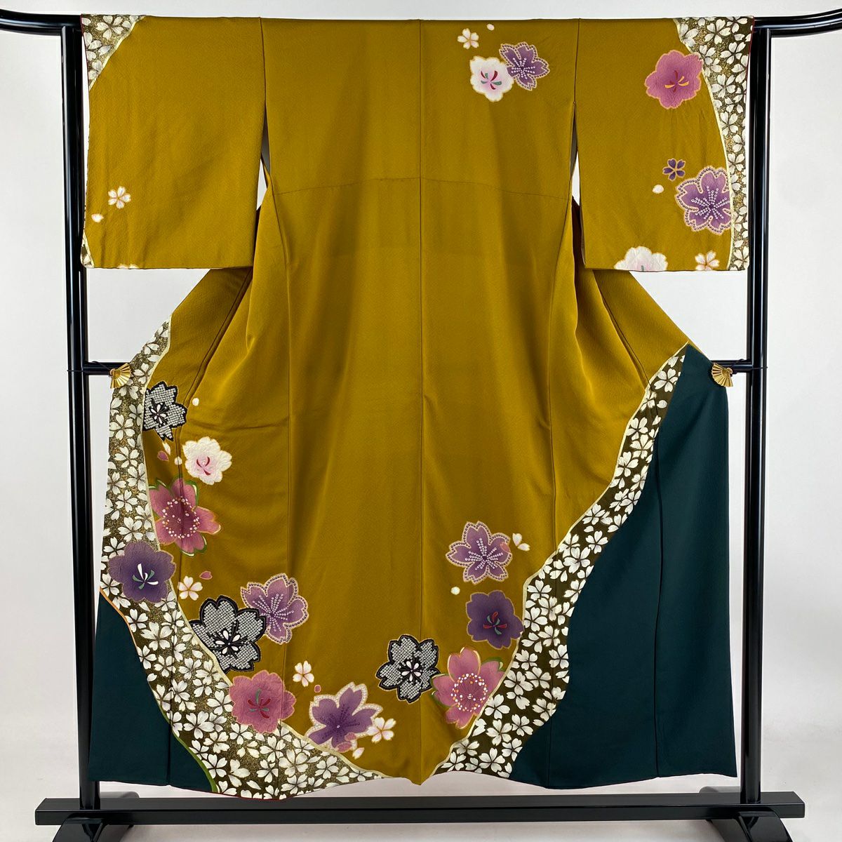 【庫存清倉】訪問服 身長152cm 袖長62.5cm S 雙層 櫻花花瓣 金彩裝飾 絞染 山吹茶 純蠶絲 優品級