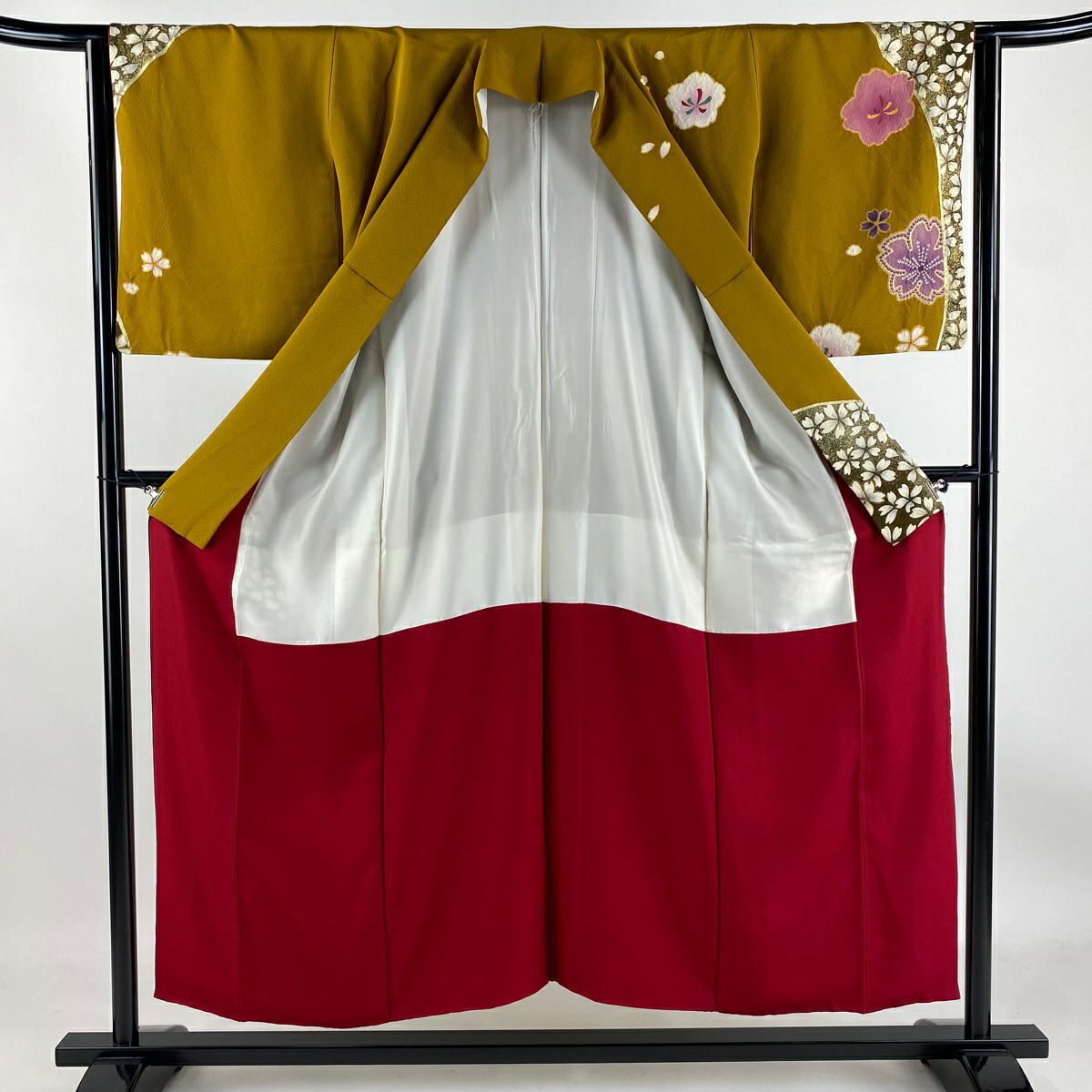 【庫存清倉】訪問服 身長152cm 袖長62.5cm S 雙層 櫻花花瓣 金彩裝飾 絞染 山吹茶 純蠶絲 優品級
