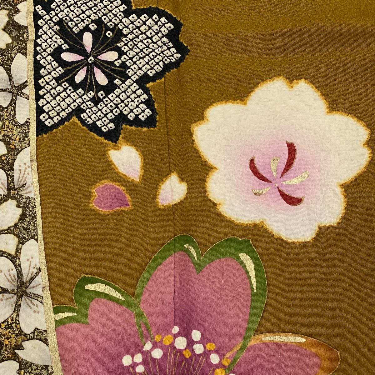 【庫存清倉】訪問服 身長152cm 袖長62.5cm S 雙層 櫻花花瓣 金彩裝飾 絞染 山吹茶 純蠶絲 優品級