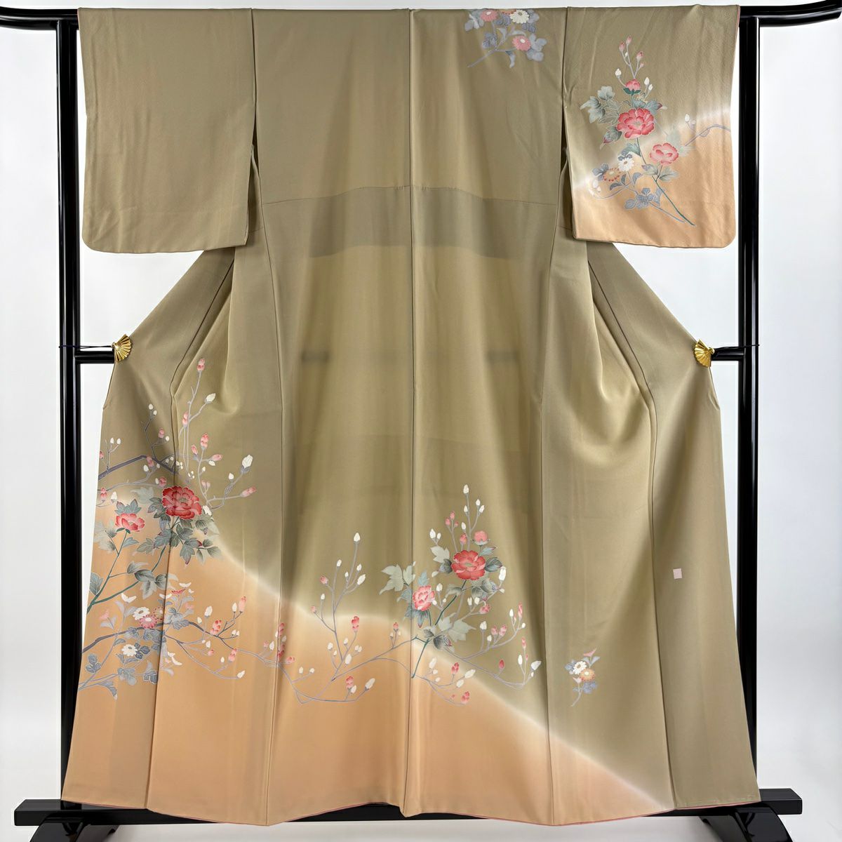 【庫存清倉】訪問服 身長157cm 袖長62cm S 雙層 落款有 枝花 菊花 花紋染分 逐漸變色 淡茶 純蠶絲 優品級