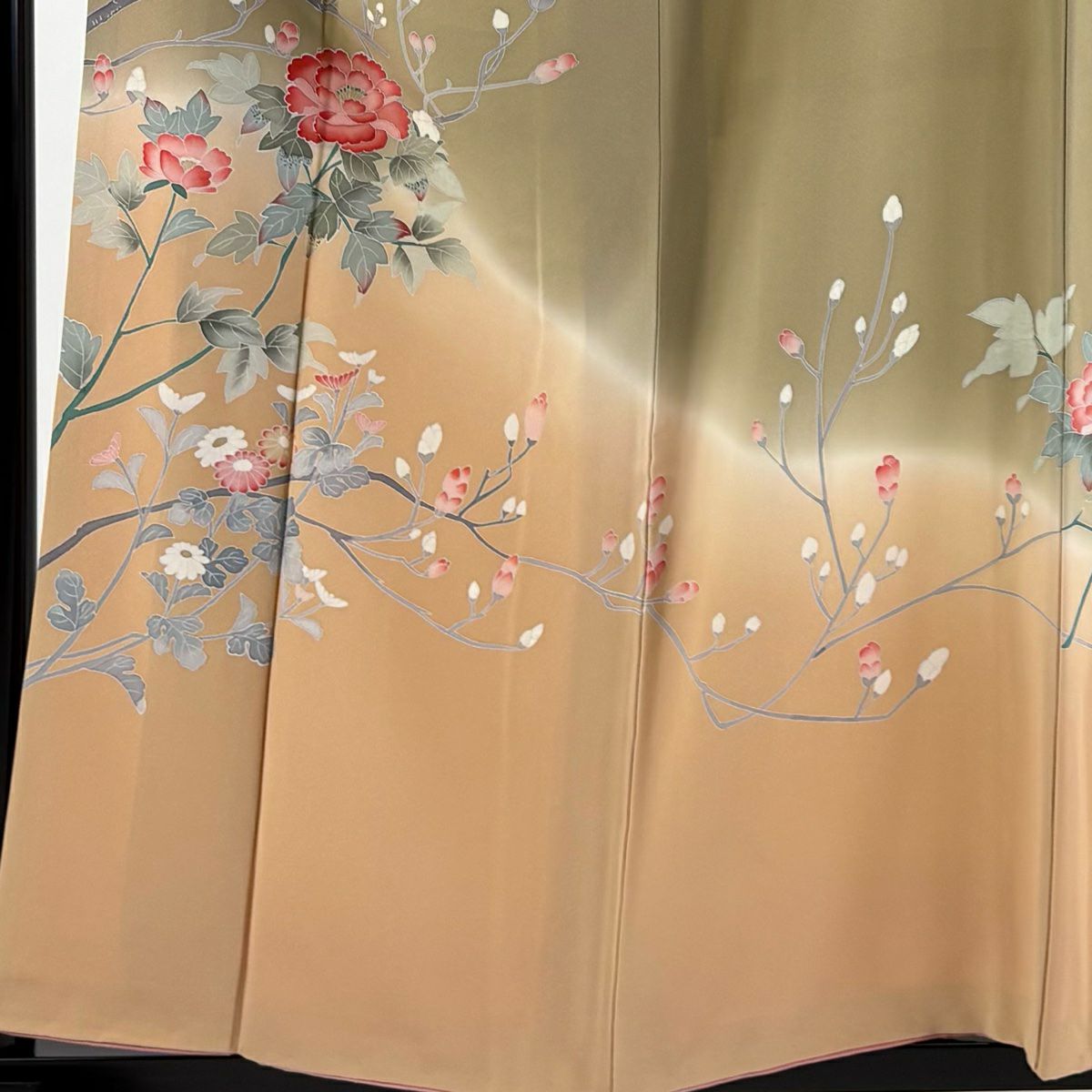 【庫存清倉】訪問服 身長157cm 袖長62cm S 雙層 落款有 枝花 菊花 花紋染分 逐漸變色 淡茶 純蠶絲 優品級