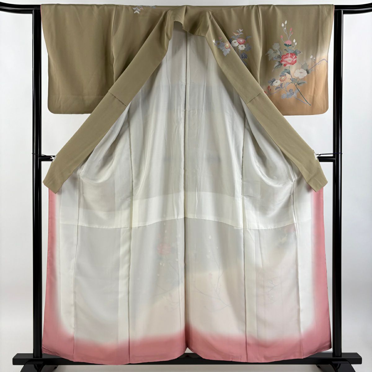 【庫存清倉】訪問服 身長157cm 袖長62cm S 雙層 落款有 枝花 菊花 花紋染分 逐漸變色 淡茶 純蠶絲 優品級