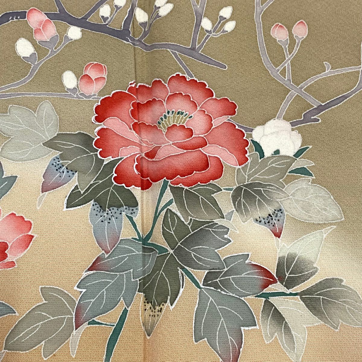 【庫存清倉】訪問服 身長157cm 袖長62cm S 雙層 落款有 枝花 菊花 花紋染分 逐漸變色 淡茶 純蠶絲 優品級