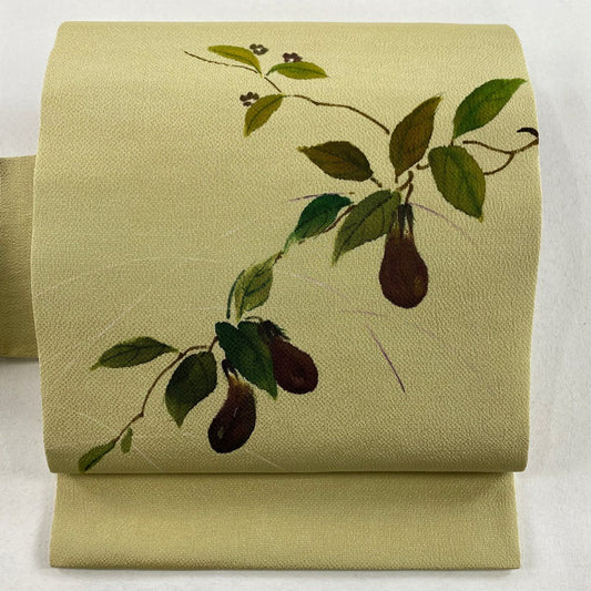 【庫存清倉】 名古屋帶 美品 名品級 生織 縮緬 抹茶 純蠶絲
