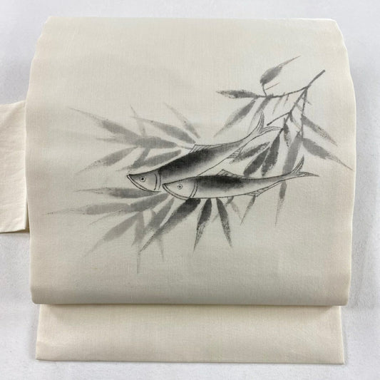 【庫存清倉】 名古屋帶 名品級 夏帶 魚 笹 奶油色 純蠶絲