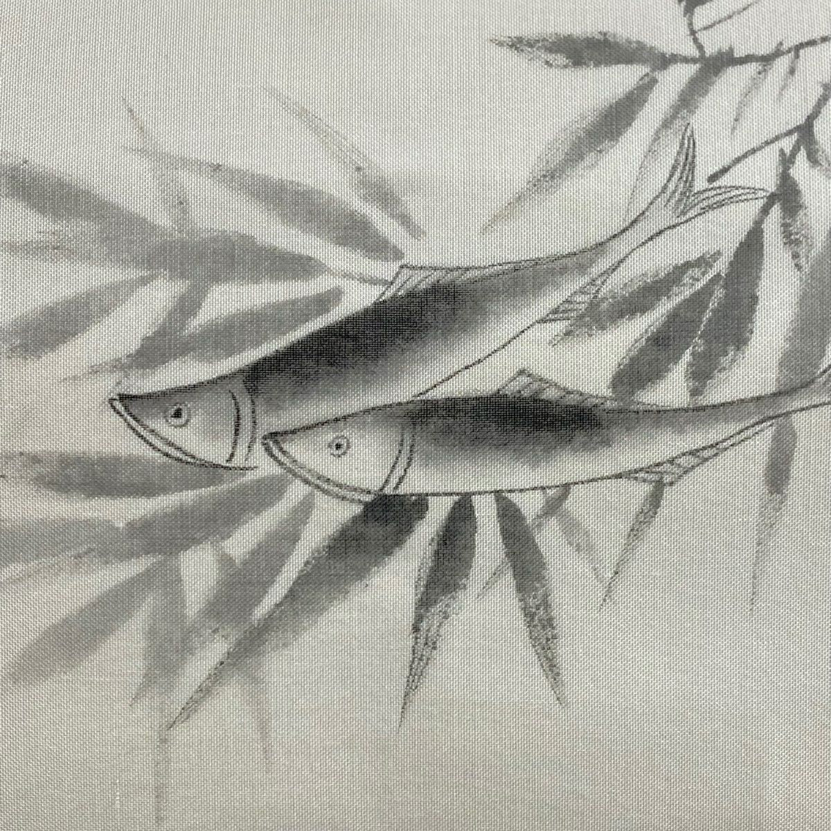 【庫存清倉】 名古屋帶 名品級 夏帶 魚 笹 奶油色 純蠶絲