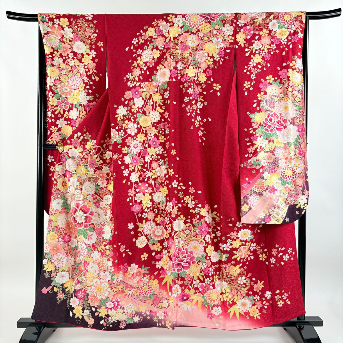 振袖禮服 身長159cm 袖長65.5cm M 雙層 櫻花 熨斗紋 銀通 金金箔 紅 純蠶絲 美品 逸品級