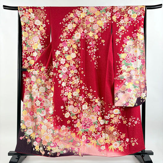 振袖禮服 身長159cm 袖長65.5cm M 雙層 櫻花 熨斗紋 銀通 金金箔 紅 純蠶絲 美品 逸品級