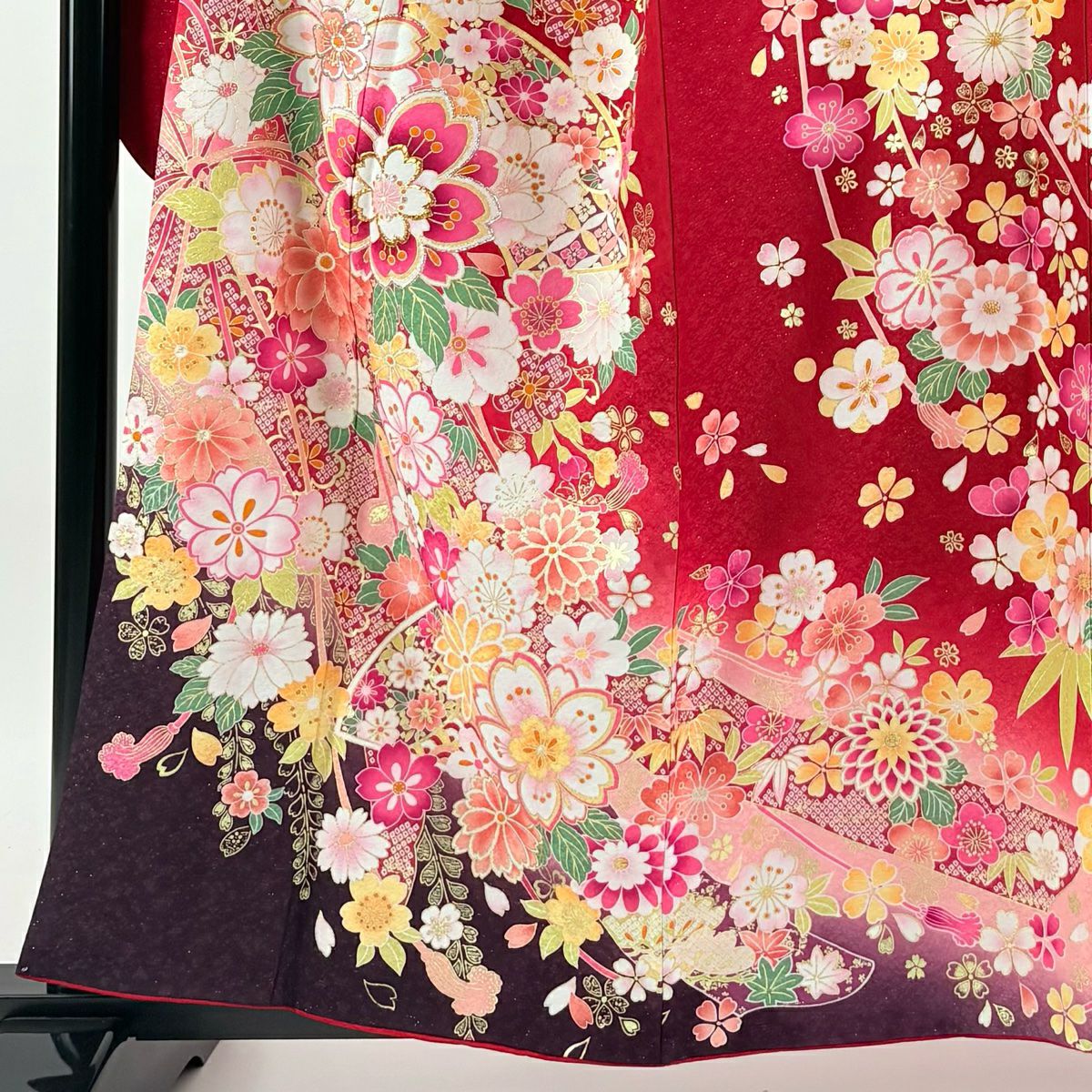 振袖禮服 身長159cm 袖長65.5cm M 雙層 櫻花 熨斗紋 銀通 金金箔 紅 純蠶絲 美品 逸品級