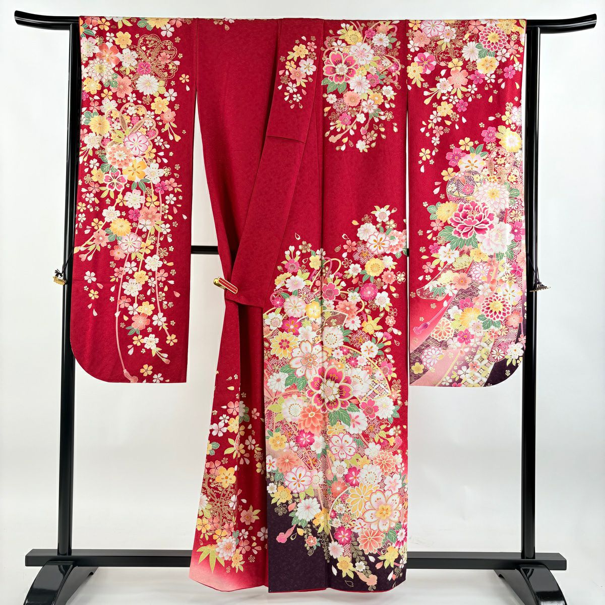 振袖禮服 身長159cm 袖長65.5cm M 雙層 櫻花 熨斗紋 銀通 金金箔 紅 純蠶絲 美品 逸品級