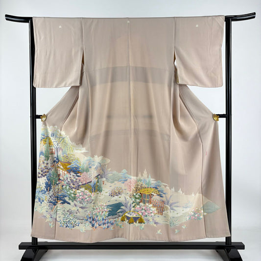 【清倉特賣】 留袖禮服禮服 身長153cm 袖長63cm S 雙層 落款有 風景 松樹竹子梅花 漸層 薄小豆 純蠶絲 名品級 五個紋
