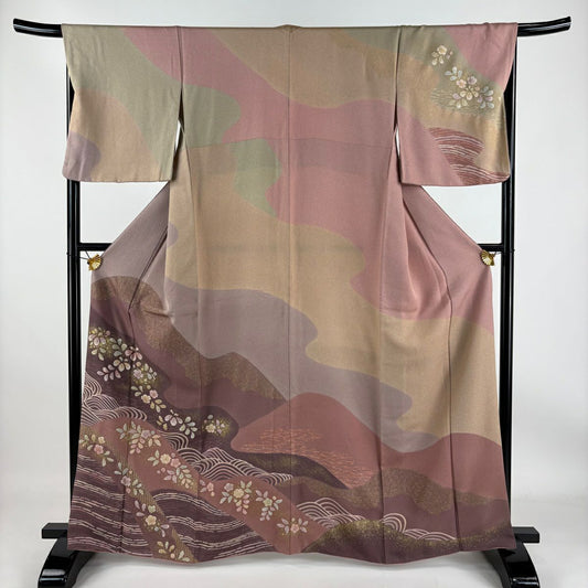 【庫存清倉】訪問服 身長163cm 袖長68cm L 雙層 草花紋紋 波 金銀彩 絞染 灰紫 純蠶絲 名品級