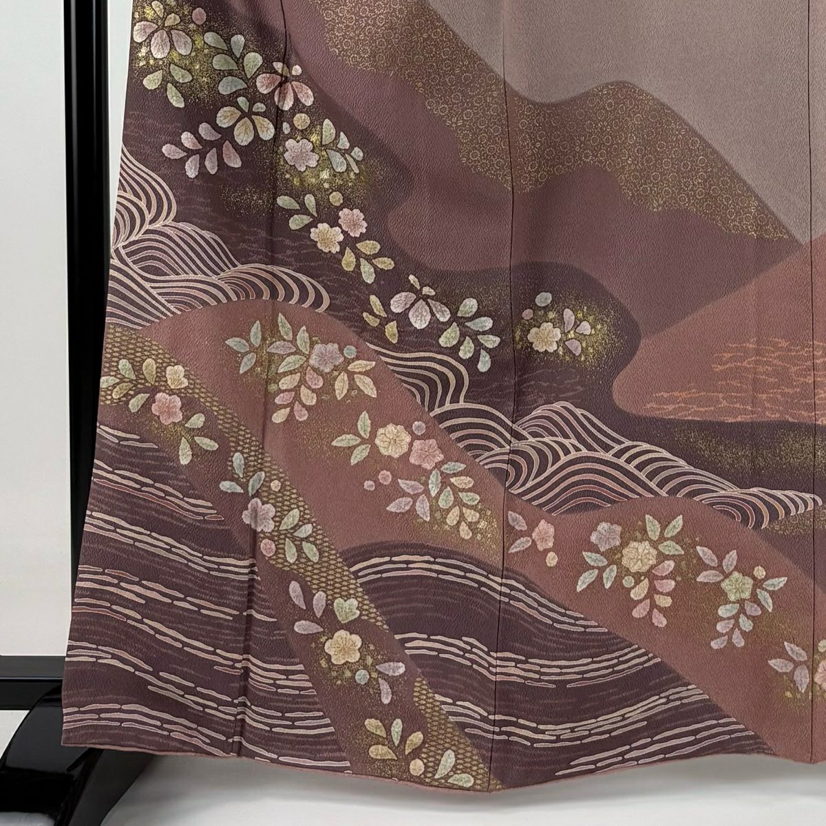 【庫存清倉】訪問服 身長163cm 袖長68cm L 雙層 草花紋紋 波 金銀彩 絞染 灰紫 純蠶絲 名品級