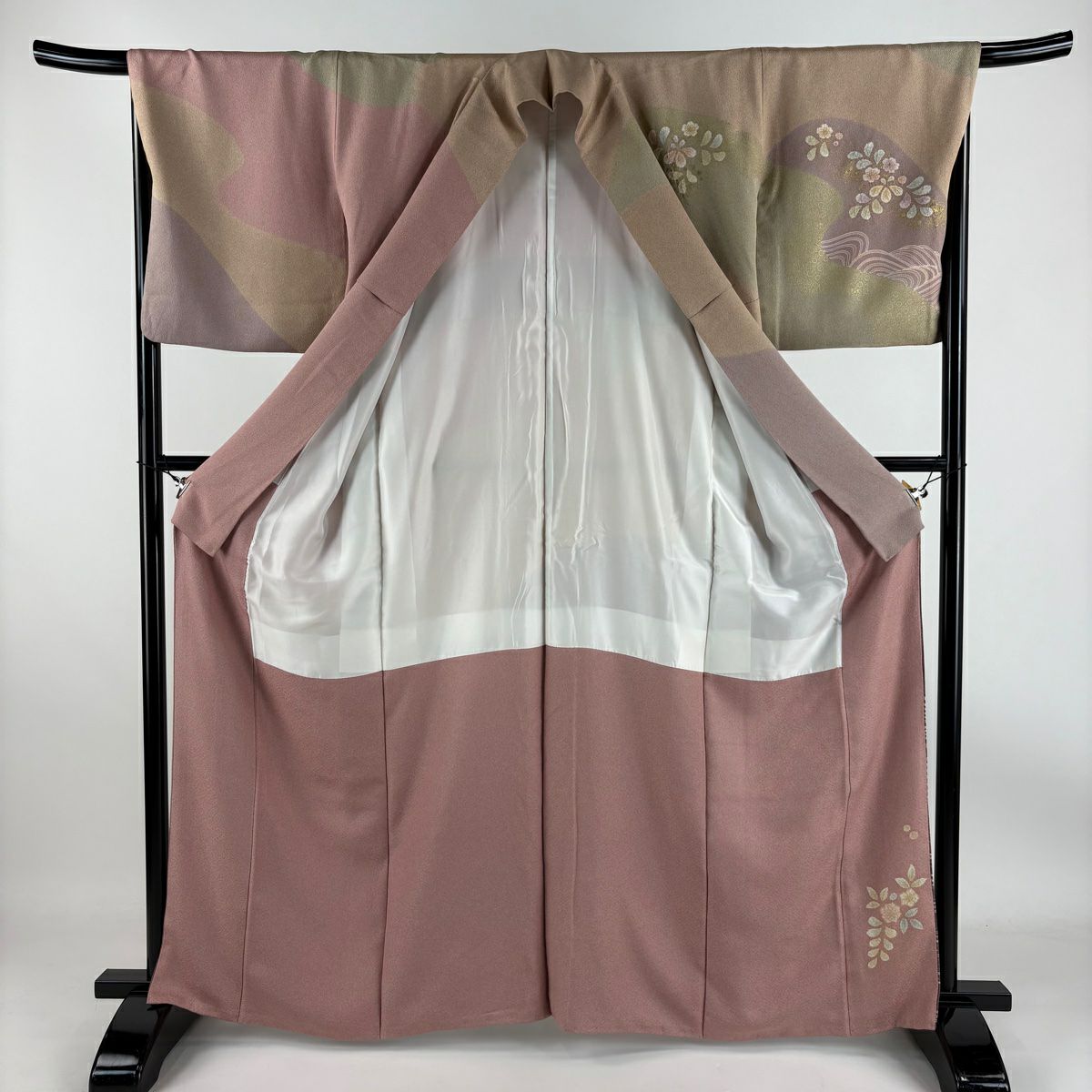 【庫存清倉】訪問服 身長163cm 袖長68cm L 雙層 草花紋紋 波 金銀彩 絞染 灰紫 純蠶絲 名品級