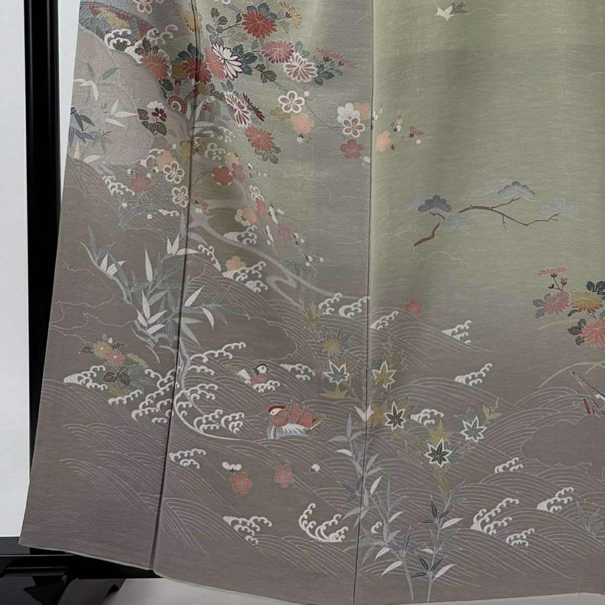 【庫存清倉】訪問服 身長161cm 袖長64.5cm M 雙層 菊花花 錘車 漸層 灰綠 純蠶絲 名品級