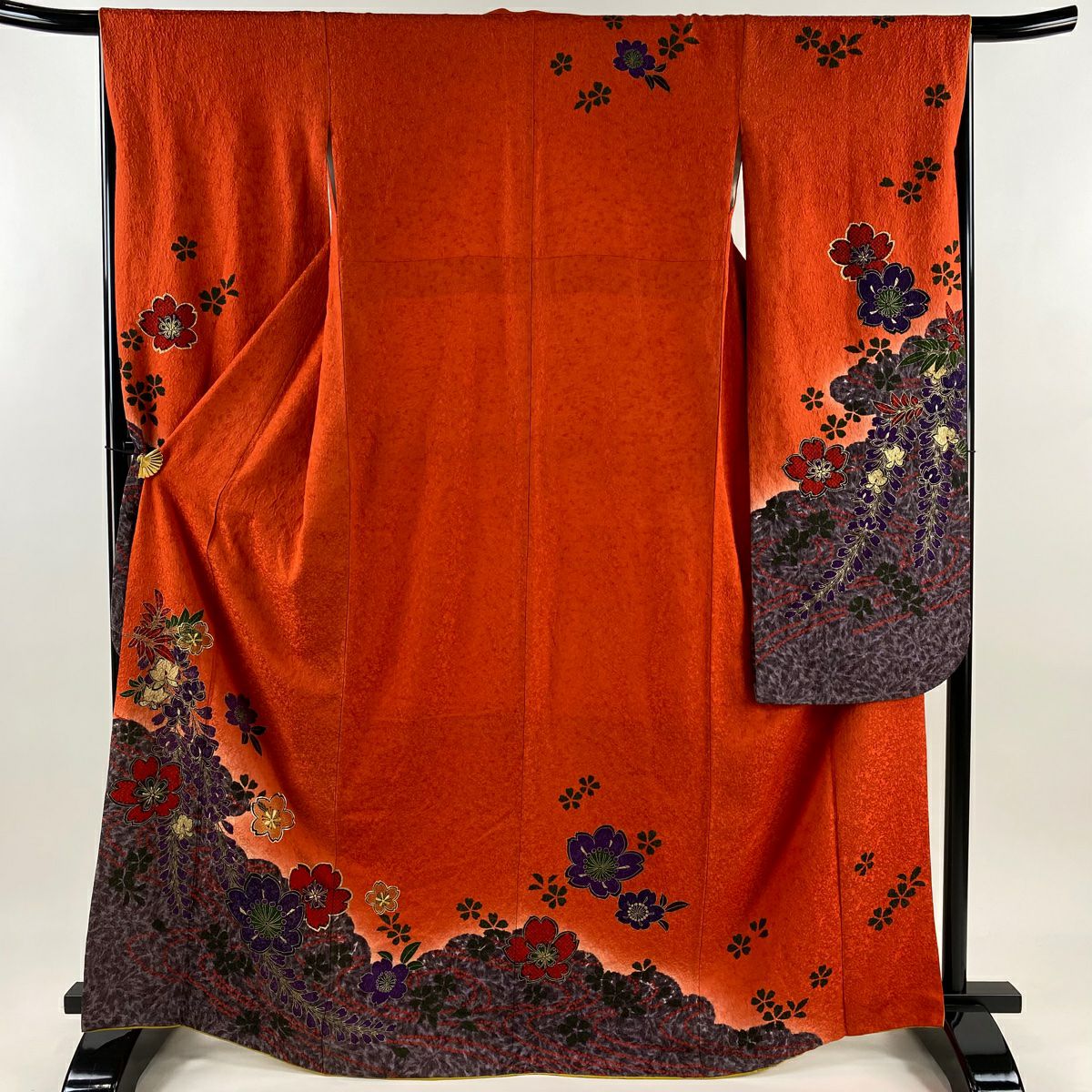 【庫存清倉】振袖禮服 身長168cm 袖長67cm M 雙層 櫻花 流水 金絲 金銀彩 朱紅 純蠶絲 名品級