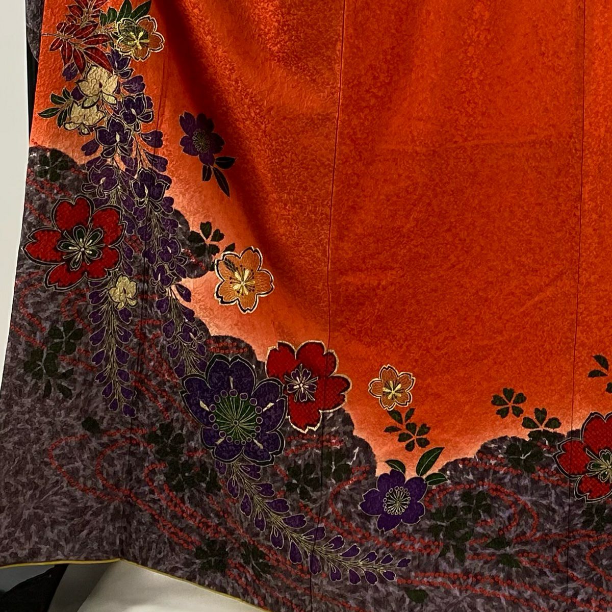 【庫存清倉】振袖禮服 身長168cm 袖長67cm M 雙層 櫻花 流水 金絲 金銀彩 朱紅 純蠶絲 名品級