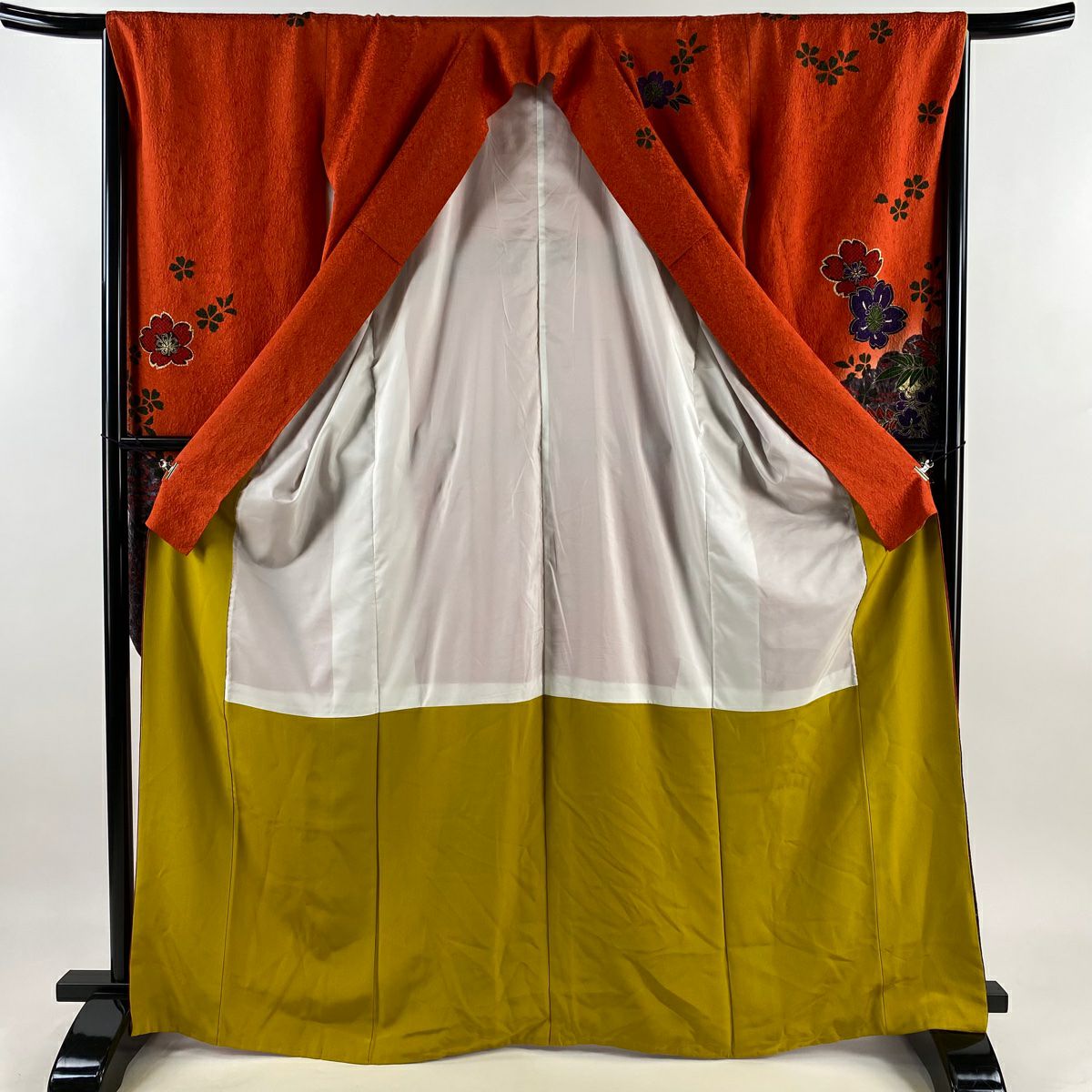 【庫存清倉】振袖禮服 身長168cm 袖長67cm M 雙層 櫻花 流水 金絲 金銀彩 朱紅 純蠶絲 名品級