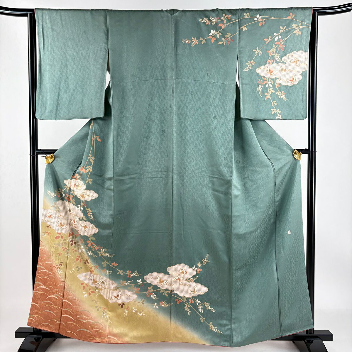【庫存清倉】訪問服 身長159cm 袖長63.5cm S 雙層 吾妻德穗 落款有 蝴蝶 萩花 金銀彩 漸層 灰綠 純蠶絲 名品級