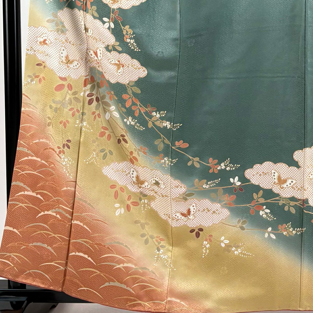【庫存清倉】訪問服 身長159cm 袖長63.5cm S 雙層 吾妻德穗 落款有 蝴蝶 萩花 金銀彩 漸層 灰綠 純蠶絲 名品級