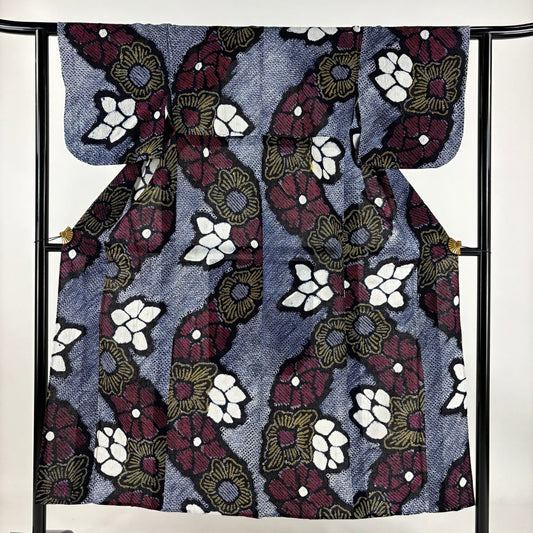 【庫存清倉】 浴衣 身長149cm 袖長61cm S 絞染浴衣 草花紋紋 深藍 純棉 名品級