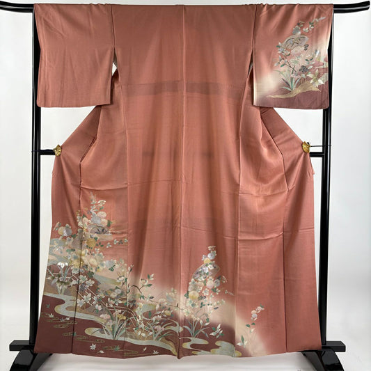 【庫存清倉】訪問服 身長161cm 袖長66cm M 雙層 扇子面 草花紋紋 金銀彩 漸層 粉紅 純蠶絲 美品 秀品級