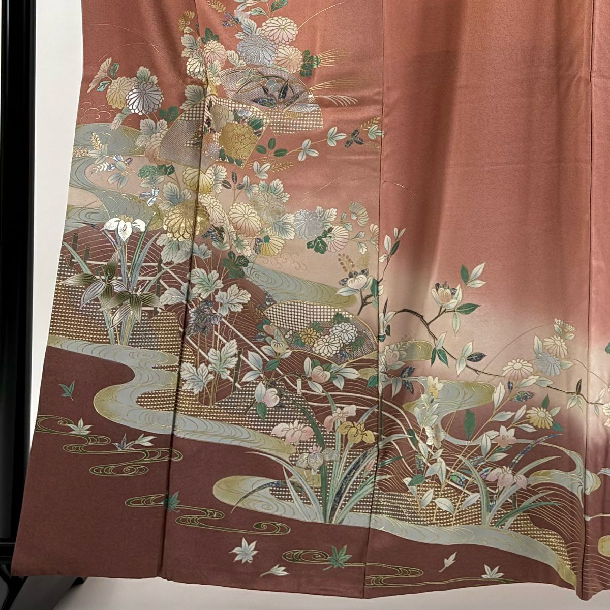 【庫存清倉】訪問服 身長161cm 袖長66cm M 雙層 扇子面 草花紋紋 金銀彩 漸層 粉紅 純蠶絲 美品 秀品級