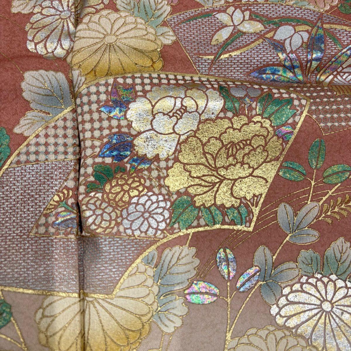 【庫存清倉】訪問服 身長161cm 袖長66cm M 雙層 扇子面 草花紋紋 金銀彩 漸層 粉紅 純蠶絲 美品 秀品級