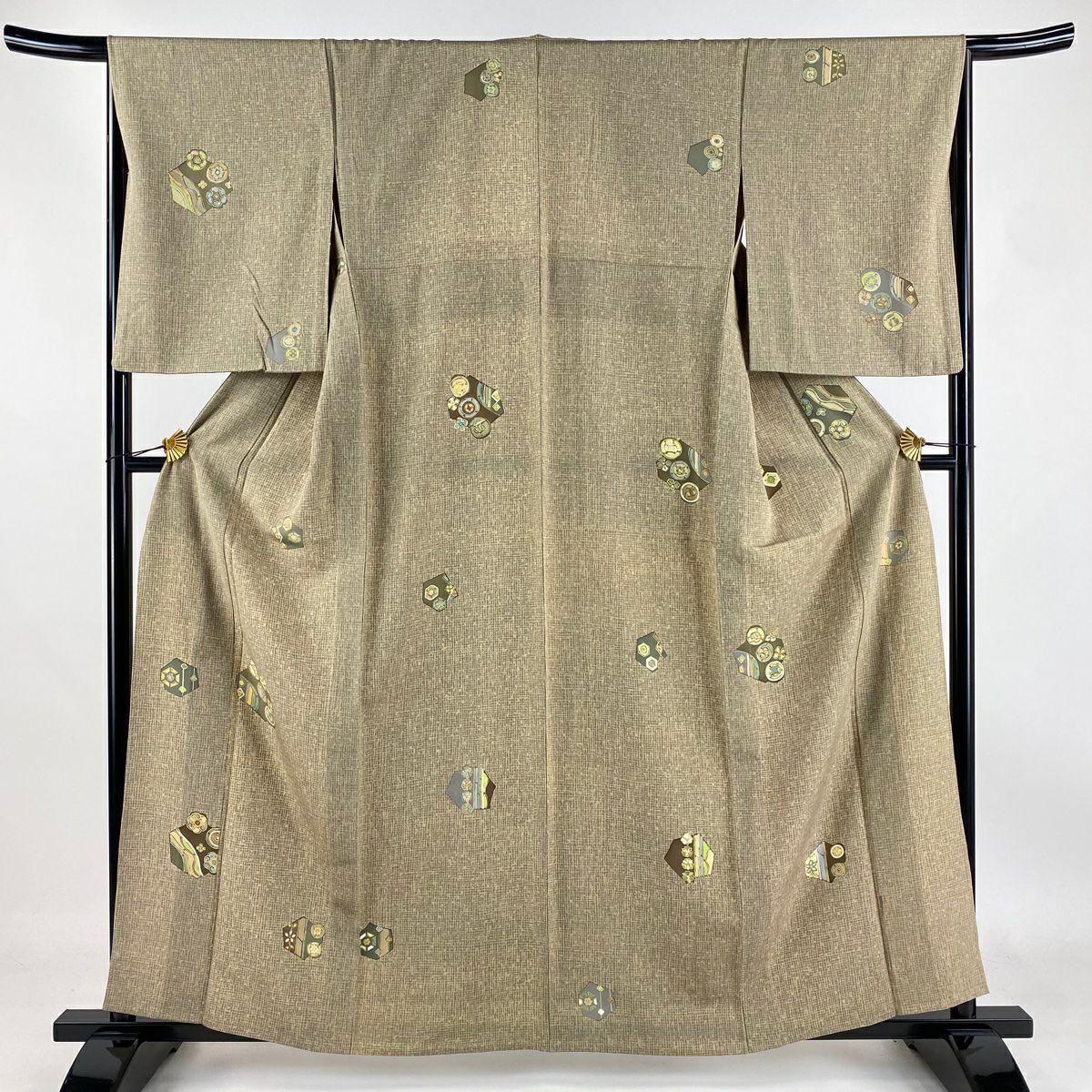 【庫存清倉】 小紋 身長160.5cm 袖長65.5cm M 單層 花 龜甲 薄茶 純蠶絲 優品級
