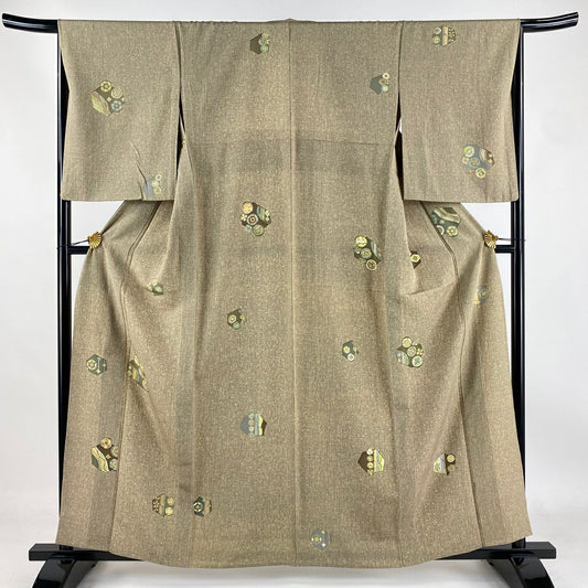 【庫存清倉】 小紋 身長160.5cm 袖長65.5cm M 單層 花 龜甲 薄茶 純蠶絲 優品級