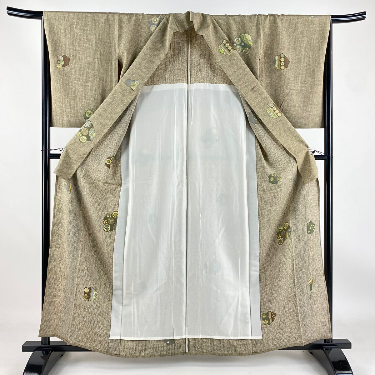 【庫存清倉】 小紋 身長160.5cm 袖長65.5cm M 單層 花 龜甲 薄茶 純蠶絲 優品級