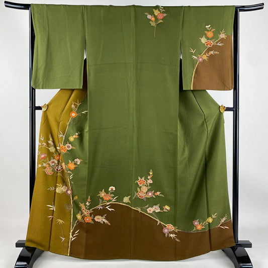 【庫存清倉】訪問服 身長162.5cm 袖長66cm M 雙層 枝花 笹 金銀彩 染分 灰綠 純蠶絲 優品級