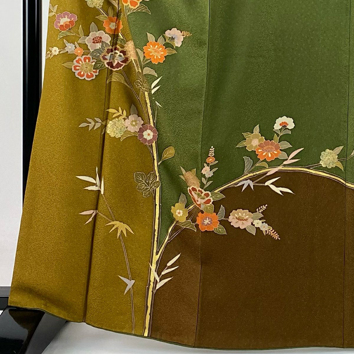 【庫存清倉】訪問服 身長162.5cm 袖長66cm M 雙層 枝花 笹 金銀彩 染分 灰綠 純蠶絲 優品級