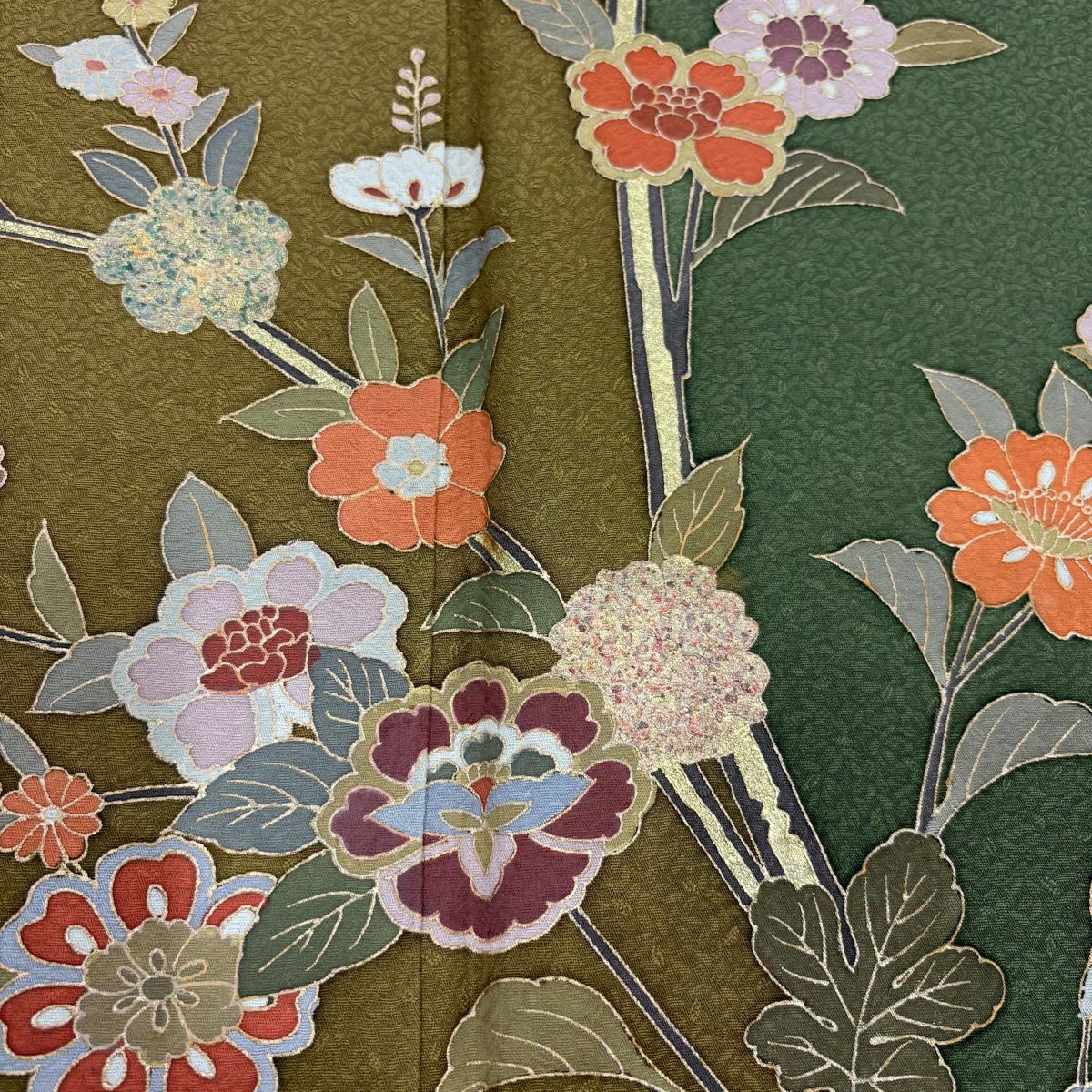 【庫存清倉】訪問服 身長162.5cm 袖長66cm M 雙層 枝花 笹 金銀彩 染分 灰綠 純蠶絲 優品級