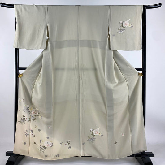付下 身長160cm 袖長64cm M 雙層 牡丹 笹 漸層 金銀彩 灰茶 純蠶絲 優品級