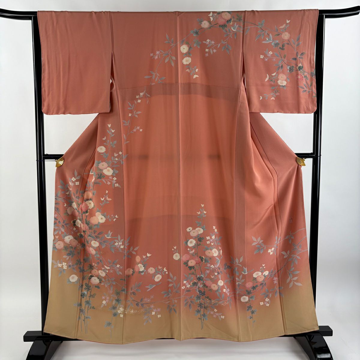 【庫存清倉】訪問服 身長160cm 袖長64cm M 雙層 附款式 菊花花 鳥 金銀彩 漸層 鮭粉色 純蠶絲 美品 優品級