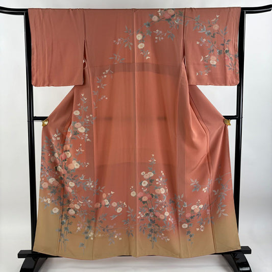 【庫存清倉】訪問服 身長160cm 袖長64cm M 雙層 附款式 菊花花 鳥 金銀彩 漸層 鮭粉色 純蠶絲 美品 優品級