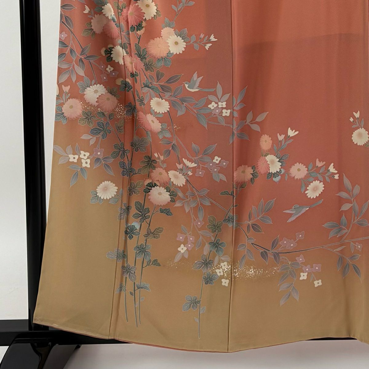 【庫存清倉】訪問服 身長160cm 袖長64cm M 雙層 附款式 菊花花 鳥 金銀彩 漸層 鮭粉色 純蠶絲 美品 優品級