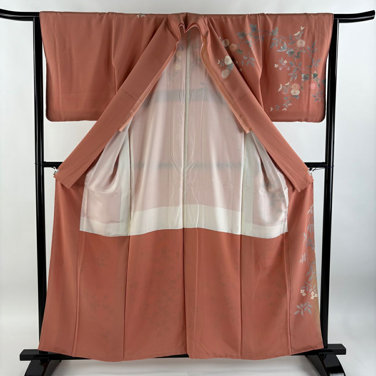 【庫存清倉】訪問服 身長160cm 袖長64cm M 雙層 附款式 菊花花 鳥 金銀彩 漸層 鮭粉色 純蠶絲 美品 優品級