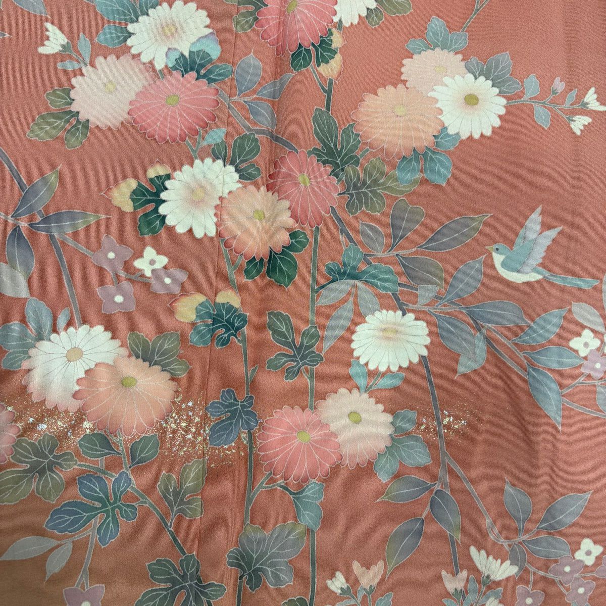 【庫存清倉】訪問服 身長160cm 袖長64cm M 雙層 附款式 菊花花 鳥 金銀彩 漸層 鮭粉色 純蠶絲 美品 優品級