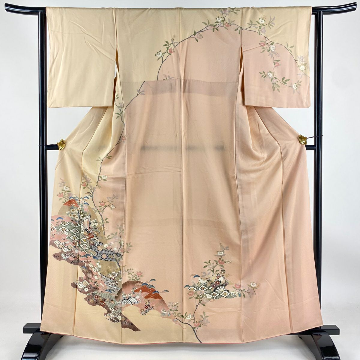 【庫存清倉】訪問服 身長163.5cm 袖長63cm S 雙層 御所車 草花紋紋 金銀彩 染分 薄橙色 純蠶絲 優品級