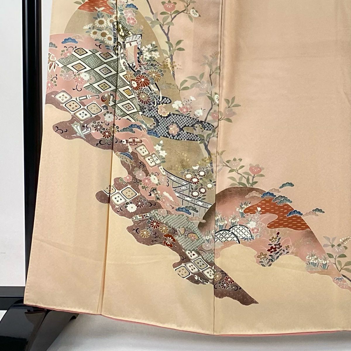 【庫存清倉】訪問服 身長163.5cm 袖長63cm S 雙層 御所車 草花紋紋 金銀彩 染分 薄橙色 純蠶絲 優品級
