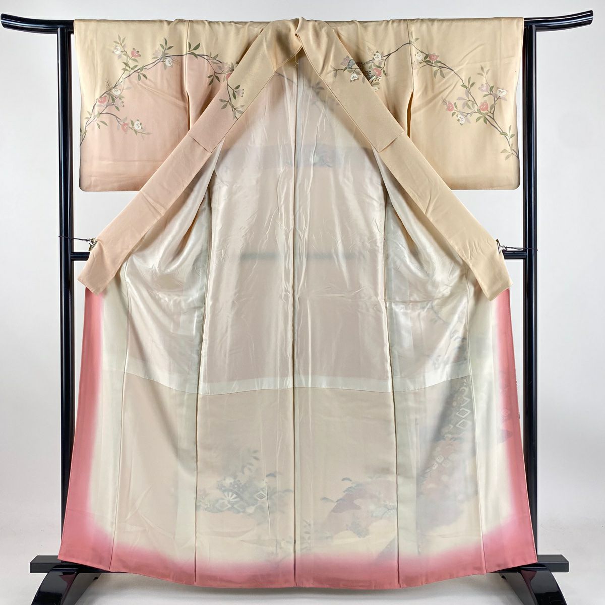 【庫存清倉】訪問服 身長163.5cm 袖長63cm S 雙層 御所車 草花紋紋 金銀彩 染分 薄橙色 純蠶絲 優品級