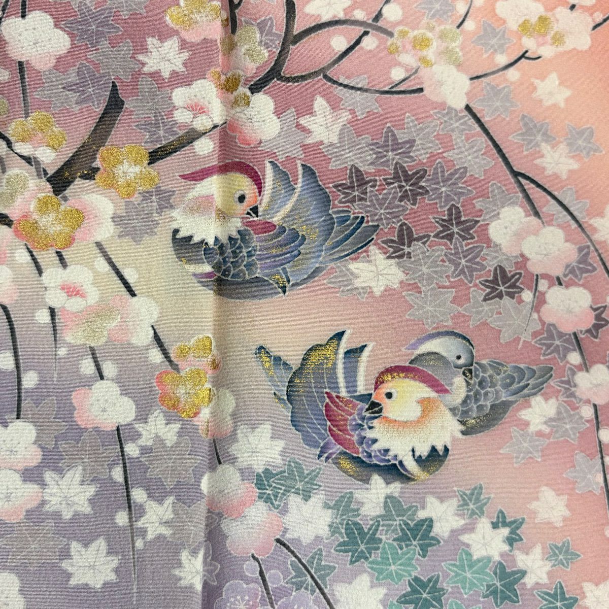 【庫存清倉】訪問服 身長158cm 袖長67cm M 雙層 鴛鴦 梅花 金銀彩 漸層 粉色 純蠶絲 優品級